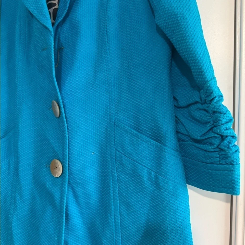 Peck & Peck Weekend Coat Teal Blue Belt Collared Buttons Lined Pockets Size 8